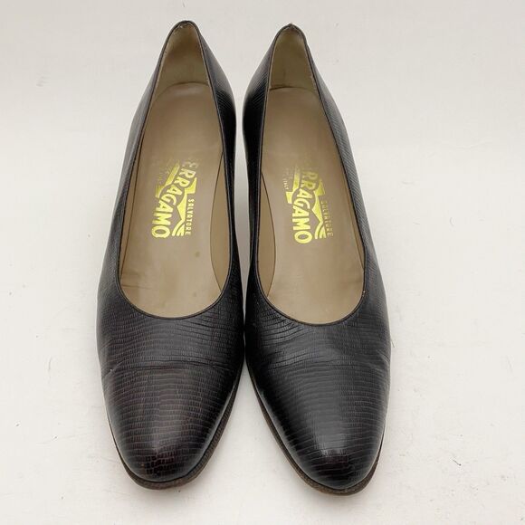 Vintage Salvatore Ferragamo Pump Women 9 AA Italy Brown Texture Leather Med Heel - Picture 2 of 7